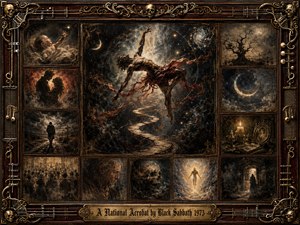 A surreal acrobat arches above a spiraling path through a shadowy cosmic void, surrounded by framed memories of infancy, love, aging, death, and transcendence. Deep blacks, sepia browns, crimson, and tarnished gold glow under dramatic light, while ornate rosewood, skulls, strings, and gothic metalwork form a richly symbolic border.