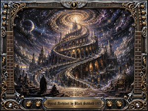 A vast gothic spiral citadel rises through a star-filled cosmic sky, its winding architecture glowing with warm gold against deep blues, blacks, and violet nebulae. Two cloaked figures observe from below, adding mystery and scale. Ornate chrome, guitar strings, gold filigree, and amplifier controls frame the richly detailed, painterly scene.