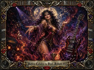 A mystical woman stands before a glowing full moon, surrounded by swirling purple smoke, fiery orange light, and flowing musical notes beside a dark electric guitar. The dramatic, richly textured painting feels seductive and supernatural. An ornate chrome-and-gold musical frame, red lips, speakers, strings, and engraved title plate complete the composition.