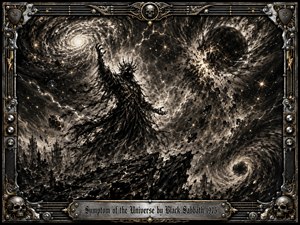 A shadowy cosmic sorcerer stands amid shattered planets, swirling galaxies, and violent starbursts, commanding a turbulent universe of black, silver, and muted gold. Harsh celestial light cuts through dense charcoal textures and explosive debris. An ornate metallic frame of strings, skulls, knobs, and gilded details surrounds the apocalyptic composition.