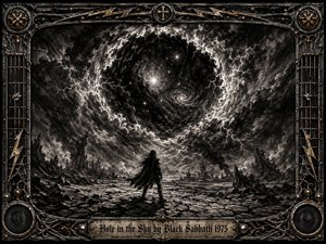 A lone figure stands on a cracked wasteland beneath a colossal hole tearing through a storm-dark sky, revealing stars and swirling cosmic light. Deep charcoal textures, smoky grays, sharp white lightning, and faint metallic accents create an apocalyptic mood. An ornate industrial frame of strings, rivets, speakers, and gold detailing surrounds the scene.