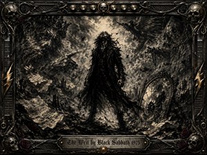 A solitary, shadowed figure stands amid a storm-torn wasteland of scattered pages, fractured mirrors, ravens, and distant gothic ruins. Deep charcoal blacks, smoky grays, muted gold, and crimson roses create a menacing mood. Dramatic backlighting and dense textured brushwork intensify the scene, framed by ornate metalwork, skulls, knobs, strings, and lightning motifs.