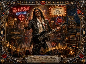 A charismatic rock-and-roll doctor dominates a smoky nightclub stage, gripping a black electric guitar beneath glowing neon signs and warm amber lights. Rich reds, blacks, chrome, and gold create a lively, rebellious mood. Detailed oil-paint textures, cheering silhouettes, amplifiers, drums, vinyl records, and an ornate musical frame complete the theatrical scene.