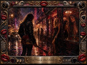 A lone guitarist walks through a rain-slicked neon nightlife district, passing glamorous women reflected in dark bar windows. Deep reds, black, gold, and violet dominate the moody oil-painted scene. Wet pavement glows beneath streetlights, while an ornate metallic frame of crimson lips, guitar hardware, and gold filigree heightens the decadent atmosphere.