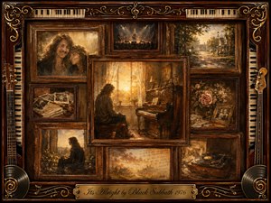 A nostalgic rosewood-framed collage surrounds a solitary musician seated at an upright piano in warm golden light. Faded portraits, concert scenes, handwritten notes, roses, records, and quiet landscapes evoke cherished memories. Rich browns, amber highlights, ornate musical details, and painterly textures create a tender, reflective atmosphere of remembrance and acceptance.