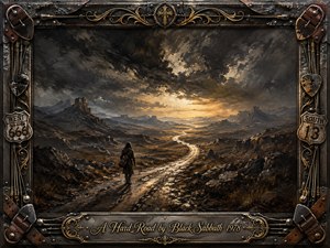 A lone traveler follows a winding, rain-slicked road through a vast rocky wilderness beneath turbulent storm clouds. Warm golden light breaks through the darkness on the distant horizon, suggesting endurance and uncertain hope. Rich charcoal browns, black, steel gray, and amber dominate the textured oil-painted scene, framed with rugged metal, leather, strings, and ornate gold details.