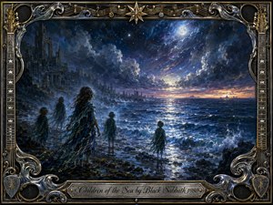 Moonlit children wander a storm-dark shoreline beside the ruins of a forgotten coastal civilization, facing a restless silver-blue sea beneath swirling clouds and stars. Dramatic oil-paint textures, violet and gold horizon light, sea spray, and reflective waves create a haunting, mystical mood, framed by ornate chrome, gold, guitar, and musical details.