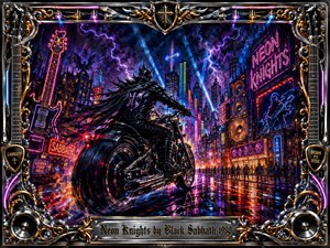 A lone armored rider tears through a rain-slick neon city beneath a turbulent violet sky, blending gothic fantasy with hard-rock energy. Electric blues, crimson reflections, chrome highlights, and glowing signs illuminate the dramatic scene. Ornate metallic framing, guitars, speakers, cables, and gold inlays reinforce the powerful, nocturnal concert atmosphere.