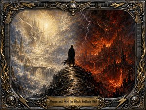 A solitary figure stands on a jagged divide between radiant heaven and a blazing inferno, creating a dramatic vision of opposing destinies. Golden clouds, gothic towers, fiery ruins, lightning, and demonic forms heighten the tension. Rich oil-painted textures, deep blacks, molten reds, and luminous golds are enclosed by an ornate metallic rock-inspired frame.