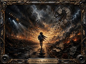 A lone figure runs through a devastated landscape beneath shattered clocks, lightning, smoke, and fiery skies, suggesting youth racing against time. Dramatic gold and charcoal tones dominate, with stark white highlights and reflective ground. Thick oil-paint textures, broken machinery, roses, speakers, and an ornate metallic frame create a powerful, apocalyptic mood.