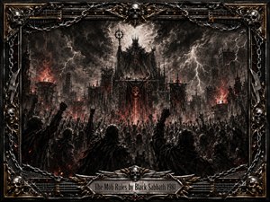 A vast, shadowy mob surges toward a towering armored ruler amid a ruined gothic city, burning fires, lightning, and choking storm clouds. Deep charcoal blacks, smoky grays, and ember reds create an oppressive, rebellious mood. Intricate metalwork, chains, skulls, barbed wire, and guitar strings form the heavy ornamental frame.