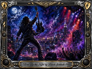 A lone guitarist dominates a rooftop stage above a glowing midnight city, raising his instrument beneath a full moon and storm-lit purple sky. Fiery red spotlights, swirling smoke, and cheering silhouettes create a charged, rebellious mood. Rich oil-painted textures, electric blues, crimson highlights, and an ornate chrome-and-gold musical frame intensify the dramatic composition.