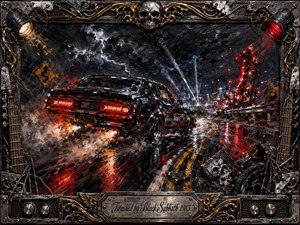 A black muscle car tears through a rain-slicked night road beneath violent storm clouds, flaming exhaust reflecting across wet pavement. Jagged red wreckage and harsh spotlights create a reckless, chaotic mood. Thick expressive paint textures, chrome highlights, skull motifs, guitar-string details, and ornate gold metalwork frame the dramatic heavy-metal scene.