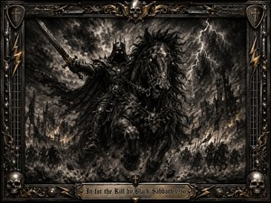 A shadowy armored rider charges through a ruined gothic battlefield beneath a lightning-scarred sky, sword raised with relentless menace. Deep charcoal blacks, smoky grays, and restrained metallic gold create a brutal, foreboding palette. Intricate skulls, chains, crosses, and ornate metalwork frame the dramatic, highly textured dark-fantasy composition.