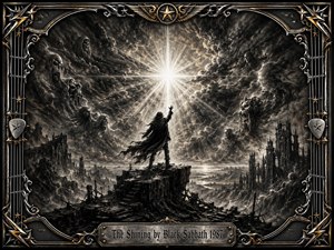 A lone cloaked figure stands atop shattered ruins, reaching toward a brilliant starburst piercing a turbulent, spectral sky. Deep charcoal blacks and smoky grays create an ominous apocalyptic mood, while radiant white-gold light suggests transcendence. Gothic ruins, ghostly faces, and an ornate chrome-and-gold rock-inspired frame intensify the dramatic composition.
