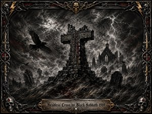 A monumental stone cross rises from a storm-lashed graveyard beneath a black, turbulent sky split by lightning. Ravens circle ruined Gothic monuments while dead grass bends across shadowed graves. Rendered in deeply textured charcoal with muted bronze accents, the scene feels ominous and apocalyptic, enclosed by an ornate skull-and-barbed-wire metal frame.