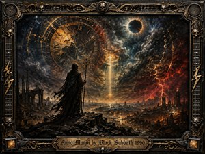 A cloaked figure overlooks a ruined world beneath a fractured celestial clock and blackened eclipse. Fiery lightning, smoky clouds, and a distant golden beam divide the apocalyptic landscape. Deep charcoal, bronze, crimson, and blue tones create a solemn, mystical mood, framed by ornate metallic skulls, guitar details, and Gothic embellishment.