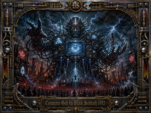A colossal cybernetic deity towers over a ruined industrial city, surrounded by cables, screens, speakers, lightning, and smoke. Crimson eyes and electric blue circuitry illuminate crowds gathered below in ominous worship. Dark steel, black, orange, and cyan tones dominate the dramatic oil-painted composition, framed by intricate mechanical guitar and amplifier hardware.