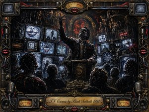 A sinister preacher dominates a shadowy television studio, surrounded by stacked vintage screens flashing distorted faces, static, and hypnotic symbols. Cold blue-gray light clashes with fiery red and tarnished gold accents, creating a menacing theatrical mood. Rich oil-paint textures, gothic ornament, microphones, meters, cables, and an elaborate metallic frame intensify the dark spectacle.