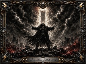 A lone dark figure stands defiantly amid shattered ground, swirling smoke, lightning, and glowing embers beneath a storm-torn sky. Deep feathered charcoal textures dominate the apocalyptic scene, accented by crimson fire and metallic highlights. An ornate chrome-and-gold frame of skulls, strings, studs, and lightning motifs intensifies the fierce, triumphant mood.