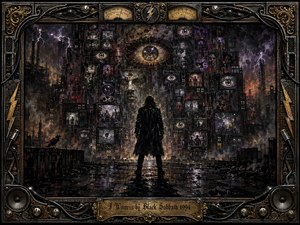 A solitary dark figure stands beneath a stormy industrial skyline, confronted by towering walls of vintage televisions and watchful eyes. Charcoal-black, rust, violet, and ember-red tones create a sinister, paranoid mood. Dramatic lightning and reflected streetlight illuminate textured paintwork, while an ornate metallic music-themed frame completes the brooding composition.