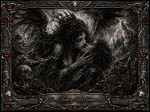 A shadowy angelic woman delivers a fatal kiss to a reclining man beneath storm clouds and distant gothic spires. Deep feathered charcoal textures create a seductive, ominous mood, pierced by lightning and restrained crimson lips and roses. An ornate chrome-and-gold frame of skulls, strings, microphones, and barbed wire completes the dramatic composition.