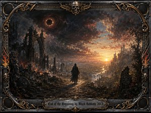 A lone cloaked figure walks through ruined gothic structures toward a radiant horizon, beneath turbulent charcoal clouds and a dark eclipsed sun. Burnished gold, ember orange, black, and steel tones create an ominous yet hopeful mood. Intricate metallic framing, skulls, guitar strings, speakers, flames, and engraved lettering reinforce a dramatic heavy-metal aesthetic.
