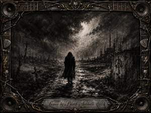 A solitary dark figure walks through a bleak industrial wasteland beneath turbulent charcoal clouds and pale storm light. Deep black, gray, and muted metallic tones create a brooding, isolated mood. Textured charcoal strokes, ruined structures, distant smokestacks, and wet ground are enclosed by an ornate heavy-metal frame of skulls, strings, speakers, and barbed wire.