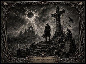 A lone figure stands amid ruined gothic stonework beneath a dark eclipsed sky, facing a towering broken cross. Ravens circle through smoky clouds as pale light pierces the devastation. Rendered in richly textured charcoal, the monochrome scene feels bleak, questioning, and apocalyptic, enclosed by an ornate metallic frame of skulls, cables, and gold filigree.