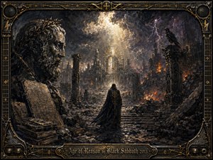 A solitary cloaked figure crosses a ruined gothic city toward a glowing celestial mechanism, watched by a monumental stone philosopher and black raven. Charcoal-like textures, smoky blacks, bronze highlights, fire, and lightning create an apocalyptic mood. Ornate guitar-string framing and the engraved title plate reinforce the dark, philosophical heavy-metal atmosphere.
