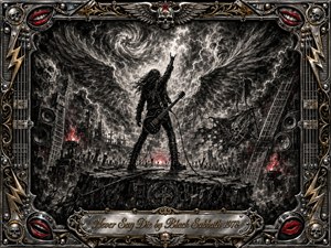 A lone guitarist stands defiantly on a shattered stage beneath a violent, lightning-filled sky, surrounded by smoky winglike forms, spectral faces, flames, speakers, and raised concert hands. Deep charcoal textures dominate, accented by silver, gold, and vivid red. An ornate metallic frame and engraved title plate reinforce the dramatic heavy-metal atmosphere.
