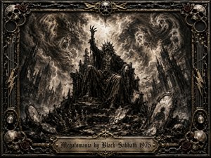 A crowned, tormented figure sits upon a ruined throne beneath swirling storm clouds, lightning, ghostly faces, and collapsing gothic towers. Deep charcoal and sepia textures create an apocalyptic, feverish mood, while broken mirrors, skulls, and crowns suggest fractured power. An ornate metallic frame with roses, chains, amplifier details, and engraved title plate completes the composition.
