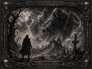 A lone figure confronts a colossal hooded reaper rising above a ruined graveyard beneath lightning-filled storm clouds. Twisted trees, tombstones, ravens, and a distant Gothic chapel deepen the ominous mood. Rich charcoal textures, smoky grayscale shadows, metallic gold accents, and an ornate skull-and-guitar-themed frame create a dramatic heavy-metal atmosphere.