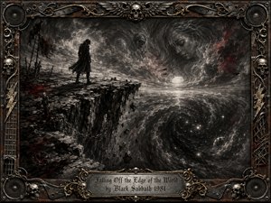 A lone figure stands at a shattered cliff above a swirling cosmic abyss, surrounded by storm clouds, ghostly faces, stars, and falling debris. Deep charcoal blacks, smoky grays, silver highlights, and restrained crimson accents create a bleak, mystical mood. An ornate gothic metal frame with skulls, strings, rivets, and gold detailing completes the dramatic composition.