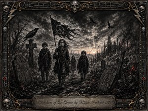 A solemn group of children marches through a ruined graveyard beneath storm-dark skies, carrying a torn peace flag toward a faint sunrise. Deep charcoal textures, smoky grays, blackened ruins, and glowing red embers create an apocalyptic mood. An ornate skull-and-metal frame with gold accents surrounds the dramatic, defiant composition.