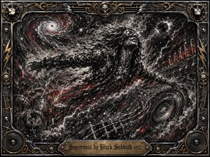 A wild-haired cosmic traveler surges through a violent charcoal universe of spiraling galaxies, lightning, drums, amplifier tubes, and sweeping guitar strings. Deep blacks, smoky grays, fiery red accents, and brilliant white highlights create explosive motion. An ornate chrome-and-gold rock frame surrounds the dramatic, surreal heavy-metal composition.