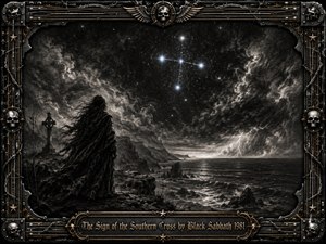 A lone cloaked figure stands on a storm-lashed coastal cliff beneath the glowing Southern Cross, surrounded by turbulent seas, lightning, and swirling charcoal clouds. Stark monochrome textures and silver highlights create a mystical, foreboding mood, while an ornate skull-and-guitar-string metal frame with gold accents reinforces the dark heavy-metal atmosphere.