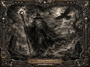 A weathered wizard strides through a moonlit, storm-torn wilderness, surrounded by ravens, twisted trees, ruins, and curling supernatural mist. Deep charcoal blacks, smoky grays, and metallic highlights create an ominous, ancient mood. An ornate gothic frame of skulls, guitar details, stars, and gold accents completes the dramatic composition.