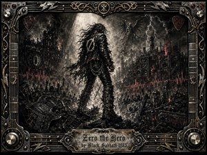 A lone leather-clad antihero stands defiantly amid a ruined industrial city, framed by shattered guitars, amplifier stacks, smoke, lightning, and raised crowd silhouettes. Deep charcoal blacks and smoky grays dominate, accented by crimson sparks and metallic gold. Dramatic backlighting, gritty textures, and an ornate heavy-metal frame create an ominous, apocalyptic atmosphere.