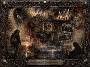 A weary traveler moves through a haunting collage of empty highways, industrial skylines, smoky concert stages, backstage rooms, and faded touring photographs. Muted browns, charcoal gray, tarnished gold, and deep crimson create a somber mood, while dim spotlights and distant dawn illuminate the distressed mixed-media painting, framed with skulls, wire, and metalwork.