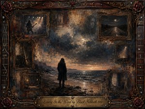 A solitary long-haired figure stands on a windswept shore beneath brooding clouds, surrounded by faded framed memories of concerts, empty roads, guitars, and shadowed rooms. Deep blues, charcoal, sepia, and amber light create a mournful atmosphere. Painterly textures, antique rosewood framing, roses, metalwork, and guitar-string details deepen the nostalgic isolation.