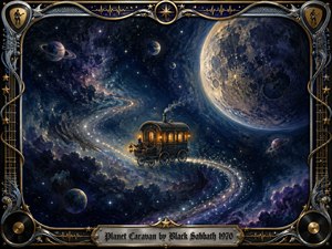 An ornate glowing caravan drifts through a vast cosmic night, following a sweeping trail of stardust beneath enormous planets and luminous nebulae. Deep blues, violets, silver, and warm amber create a tranquil, mysterious mood. Rich oil-painted textures, soft celestial lighting, and an elaborate chrome-and-gold musical frame complete the dreamlike composition.