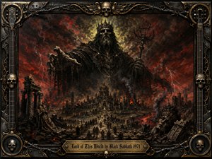 A colossal crowned ruler looms over a ruined city, commanding a scorched world beneath a turbulent crimson-black sky. Tiny figures cross shattered streets amid smoke, fire, broken monuments, and glowing fissures. Dramatic golden backlighting intensifies the oppressive mood, while richly textured oil-paint styling and an ornate skull-and-metal musical frame complete the apocalyptic composition.