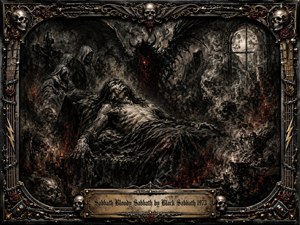A tormented figure reclines on a shadowed altar beneath looming spectral figures, skulls, smoke, and a winged demonic presence. Deep charcoal blacks and ash grays are pierced by muted crimson embers and pale moonlight. An ornate gothic metal frame with roses, skulls, wires, and a brass title plate completes the ominous, hand-textured composition.