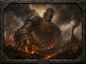 A colossal iron figure rises from a burning industrial wasteland, its battered armor glowing through molten cracks. Factories, smokestacks, and ruined machinery disappear beneath smoke and fire as the giant reaches forward. The heavy riveted frame reinforces the scenes crushing power, apocalyptic scale, and relentless heavy-metal atmosphere.