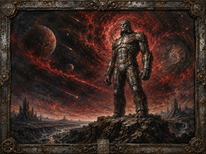 An ancient iron titan stands alone beneath a violent cosmic vortex, surrounded by planets, meteor trails, and a mysterious clock suspended in the heavens. The fractured metallic body suggests endless travel through space and time. An ornate mechanical frame completes this mythic vision of transformation, isolation, destiny, and approaching doom.