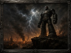 A towering black iron guardian stands upon a shattered cliff while a burning city smolders below. Lightning tears through the storm clouds, briefly illuminating its riveted armor and glowing eyes. The restrained steel frame gives the composition a solemn monument-like presence, capturing judgment, destruction, loneliness, and unstoppable mechanical strength.