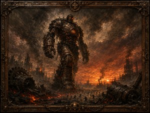 A furnace-powered iron colossus marches through a devastated battlefield as terrified survivors scatter beneath its enormous feet. Broken gears, ruined machines, molten earth, and burning towers fill the landscape. The rugged industrial frame, decorated with chains and mechanical ornaments, amplifies the paintings brutal momentum, chaos, and overwhelming scale.