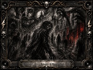 A haunted figure wanders through a shadowy, decaying city crowded with ghostlike silhouettes and distorted faces. Deep charcoal textures, blackened architecture, and sharp red window glows create a paranoid, oppressive mood. The ornate metallic frame features skulls, speakers, strings, and lightning motifs, with a weathered engraved title plate below.