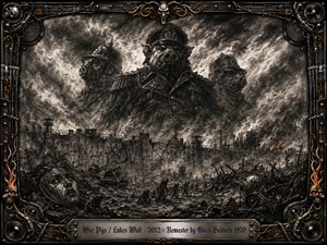 A grim charcoal warscape depicts three towering pig-faced military commanders looming over a devastated battlefield of rubble, barbed wire, burning ruins, and exhausted figures. Smoky blacks, ash gray, and muted bronze create an oppressive mood, while dramatic storm light intensifies the destruction. An ornate metal frame with skulls, speakers, wires, and engraved title plate completes the heavy, apocalyptic composition.